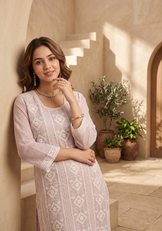 Mauve Threadwork Straight Kurta With Pant Regular And Dupatta - Image 3