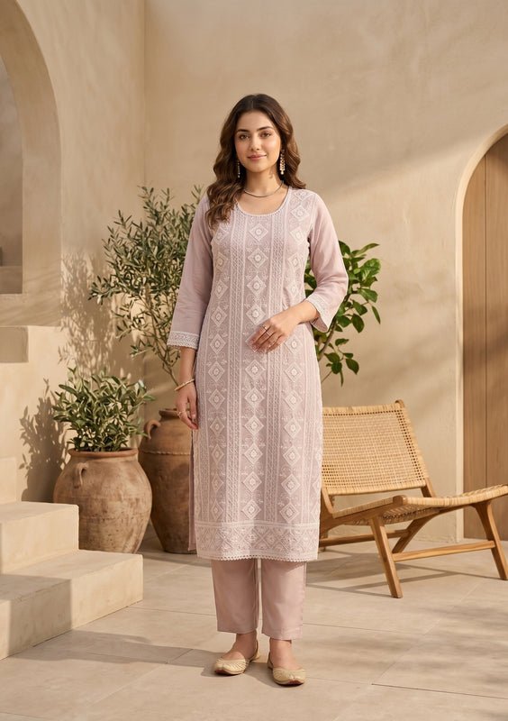 Mauve Threadwork Straight Kurta With Pant Regular And Dupatta - Image 4