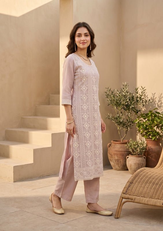 Mauve Threadwork Straight Kurta With Pant Regular And Dupatta - Image 5