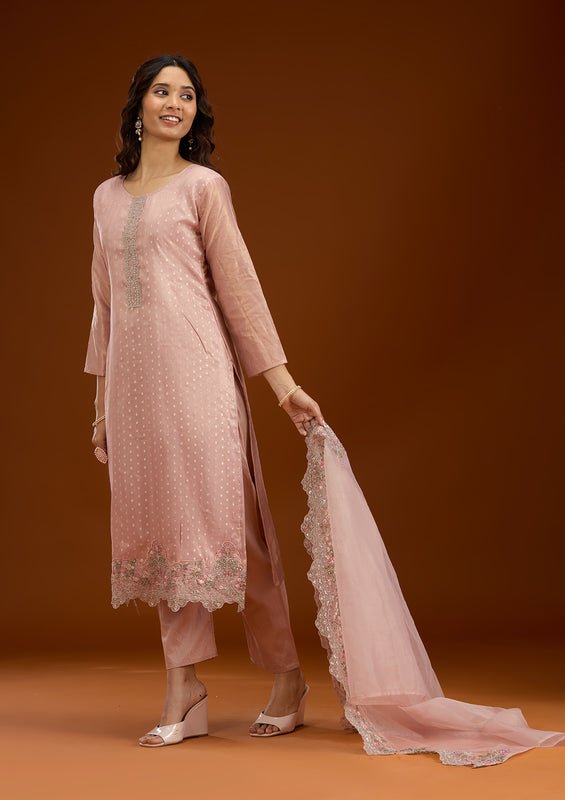 Baby Pink Tissue Sequins Straight Kurta With Pant Regular And Dupatta