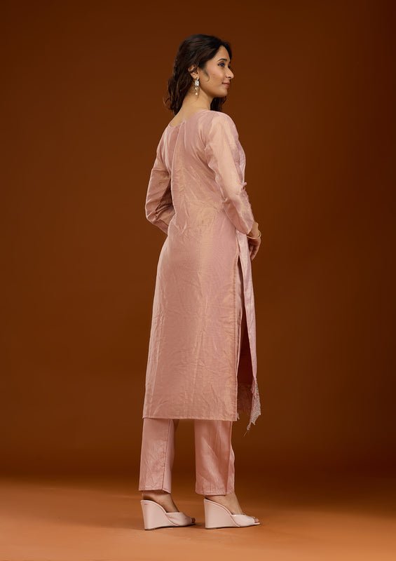 Baby Pink Tissue Sequins Straight Kurta With Pant Regular And Dupatta - Image 2