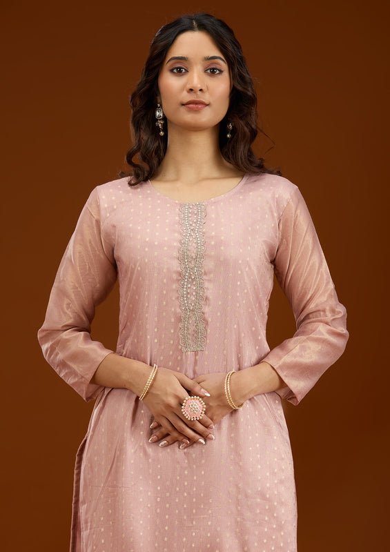 Baby Pink Tissue Sequins Straight Kurta With Pant Regular And Dupatta - Image 4