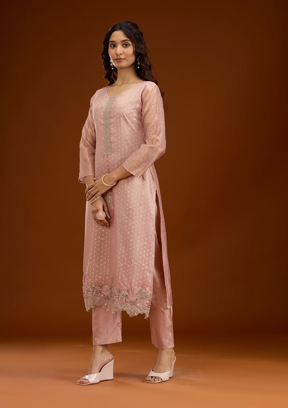 Baby Pink Tissue Sequins Straight Kurta With Pant Regular And Dupatta - Image 5