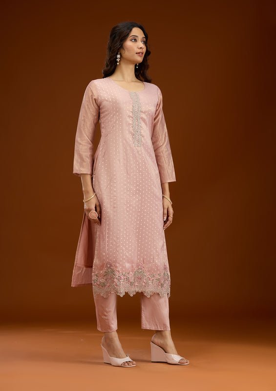 Baby Pink Tissue Sequins Straight Kurta With Pant Regular And Dupatta - Image 6