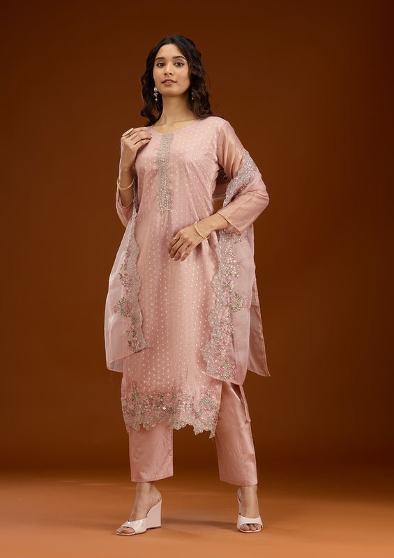 Baby Pink Tissue Sequins Straight Kurta With Pant Regular And Dupatta - Image 7