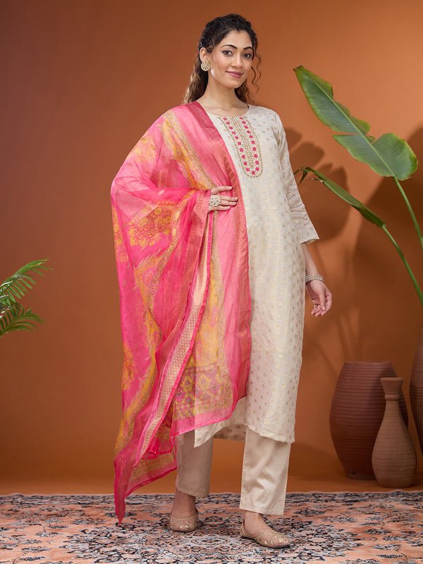 Off White Magenta Pink Brocade Threadwork Straight Kurta With Pant Regular And Dupatta