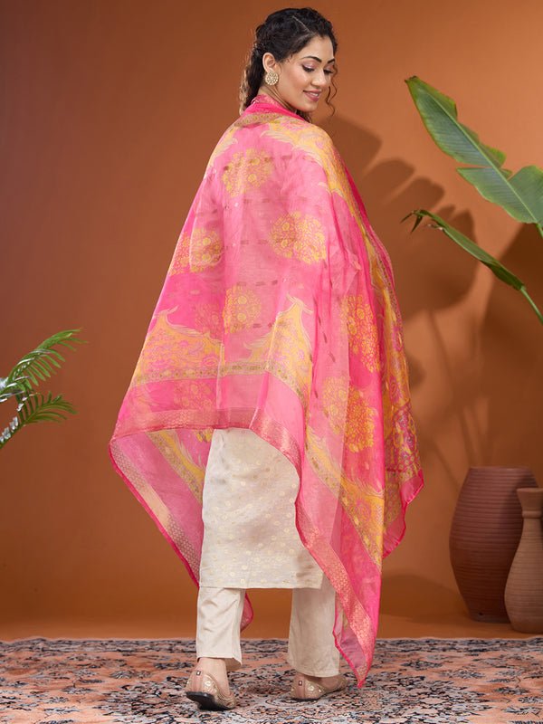 Off White Magenta Pink Brocade Threadwork Straight Kurta With Pant Regular And Dupatta - Image 2