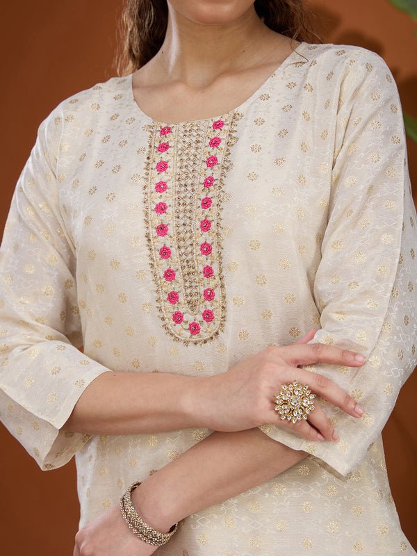 Off White Magenta Pink Brocade Threadwork Straight Kurta With Pant Regular And Dupatta - Image 5