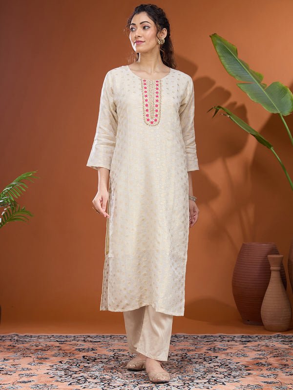 Off White Magenta Pink Brocade Threadwork Straight Kurta With Pant Regular And Dupatta - Image 6