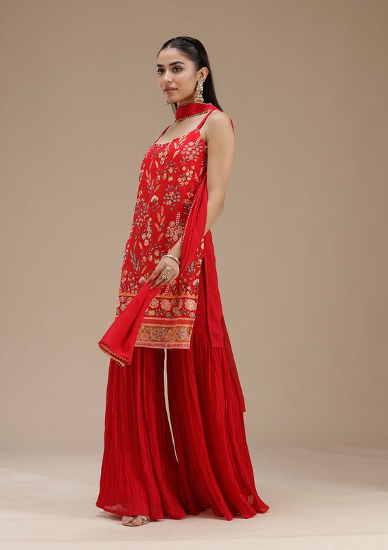 Red Georgette Floral Threadwork Straight Kurta With Sharara And Dupatta