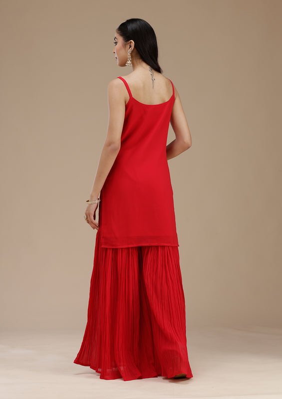 Red Georgette Floral Threadwork Straight Kurta With Sharara And Dupatta - Image 2