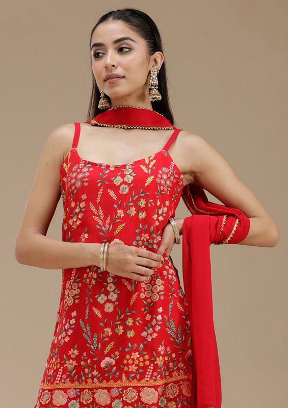 Red Georgette Floral Threadwork Straight Kurta With Sharara And Dupatta - Image 3