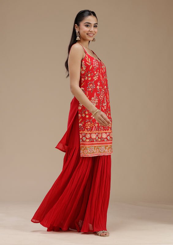 Red Georgette Floral Threadwork Straight Kurta With Sharara And Dupatta - Image 4