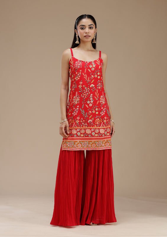 Red Georgette Floral Threadwork Straight Kurta With Sharara And Dupatta - Image 5