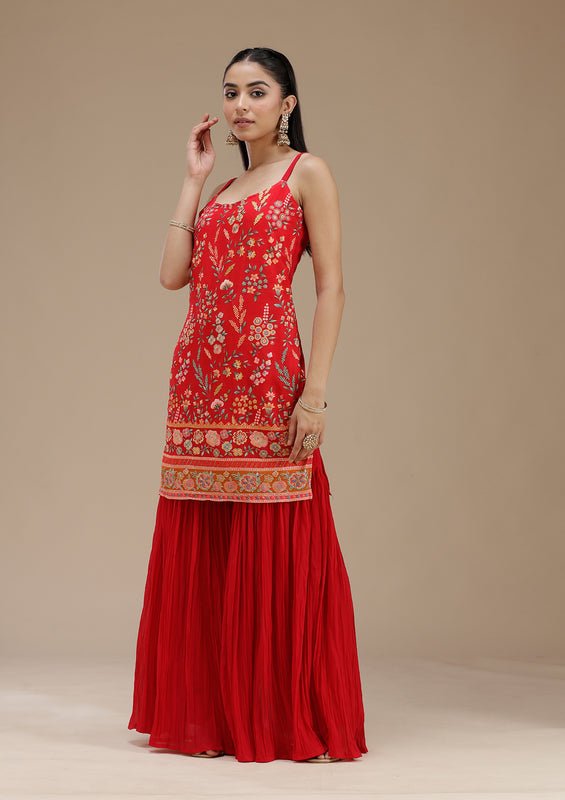 Red Georgette Floral Threadwork Straight Kurta With Sharara And Dupatta - Image 6