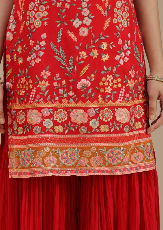 Red Georgette Floral Threadwork Straight Kurta With Sharara And Dupatta - Image 7