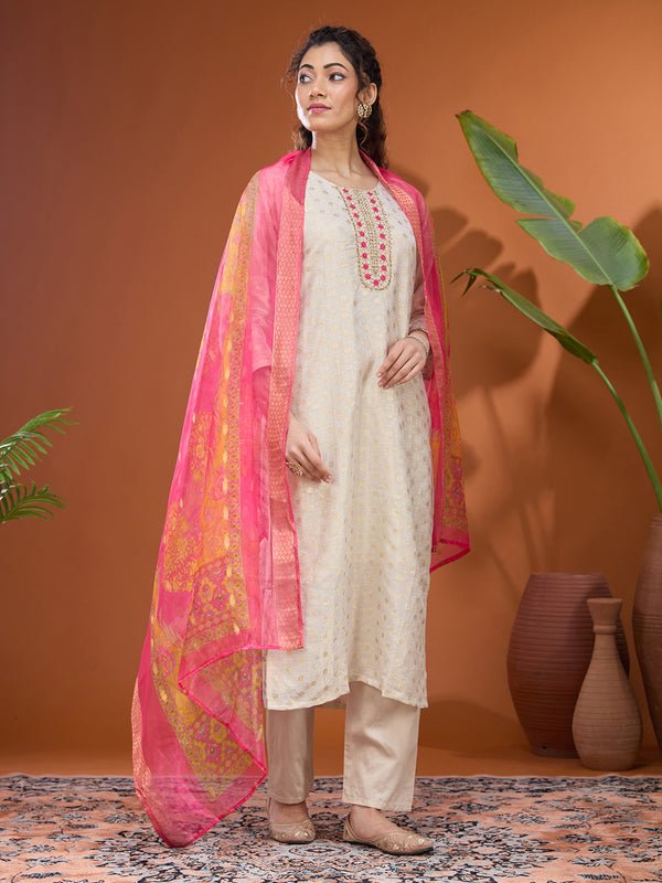 Off White Magenta Pink Brocade Threadwork Straight Kurta With Pant Regular And Dupatta - Image 4