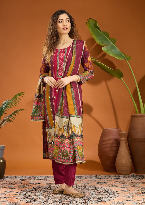 Wine Multi Crepe Abstract Geometric Printed Straight Kurta With Pant Regular And Dupatta
