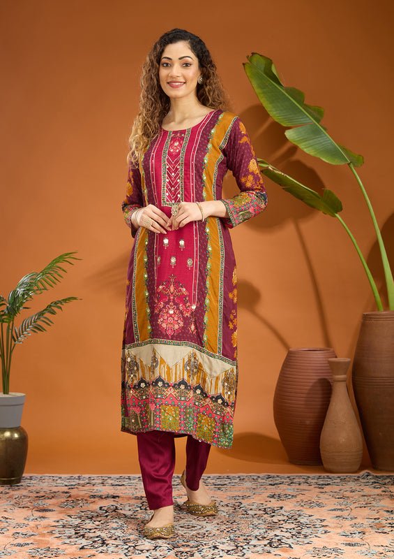 Wine Multi Crepe Abstract Geometric Printed Straight Kurta With Pant Regular And Dupatta - Image 3