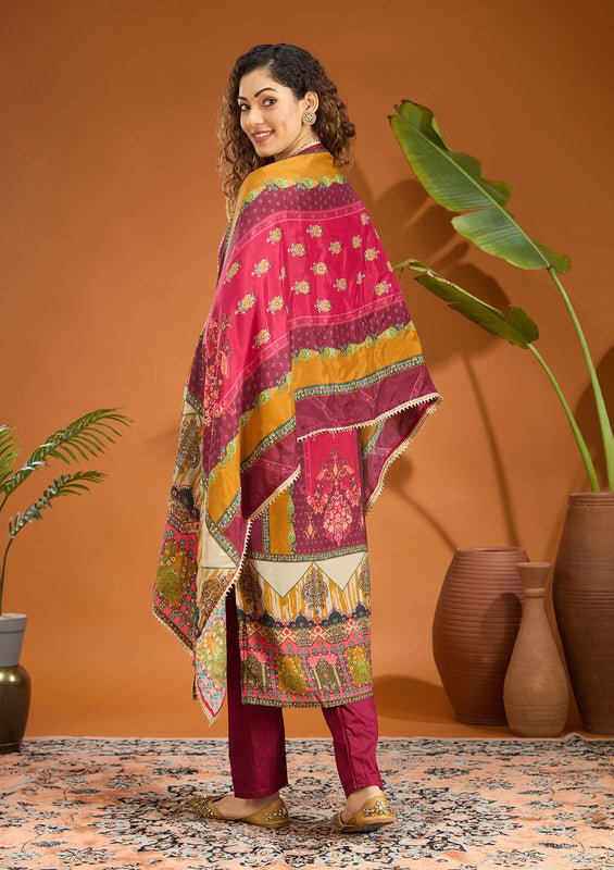 Wine Multi Crepe Abstract Geometric Printed Straight Kurta With Pant Regular And Dupatta - Image 4