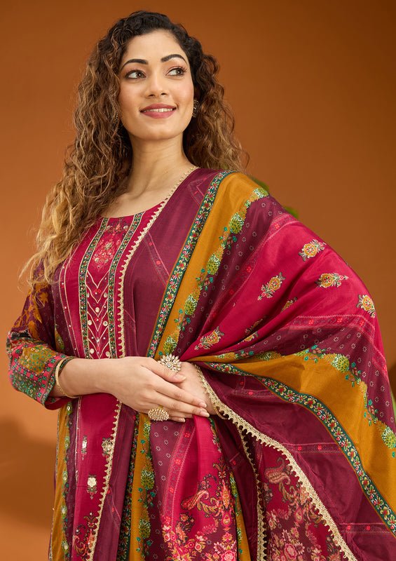 Wine Multi Crepe Abstract Geometric Printed Straight Kurta With Pant Regular And Dupatta - Image 5