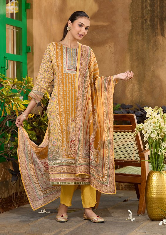 Mustard Yellow Chanderi Abstract Geometric Cutdana Straight Kurta With Pant Regular And Dupatta