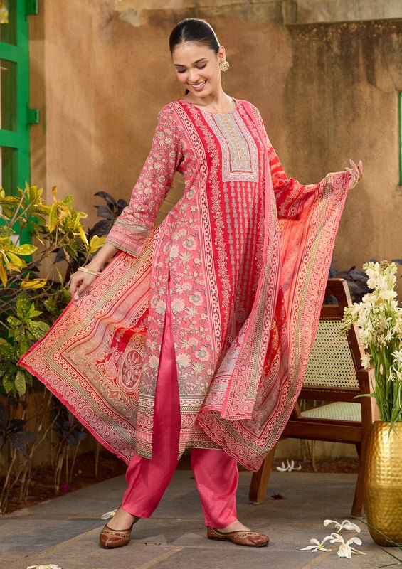 Gajari Pink Chanderi Abstract Geometric Cutdana Straight Kurta With Regular Pant And Dupatta