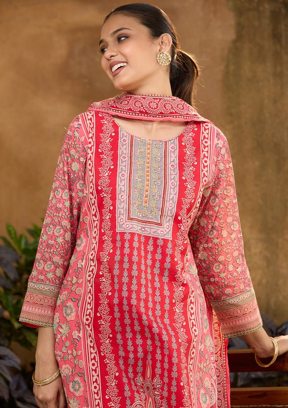 Gajari Pink Chanderi Abstract Geometric Cutdana Straight Kurta With Regular Pant And Dupatta - Image 2
