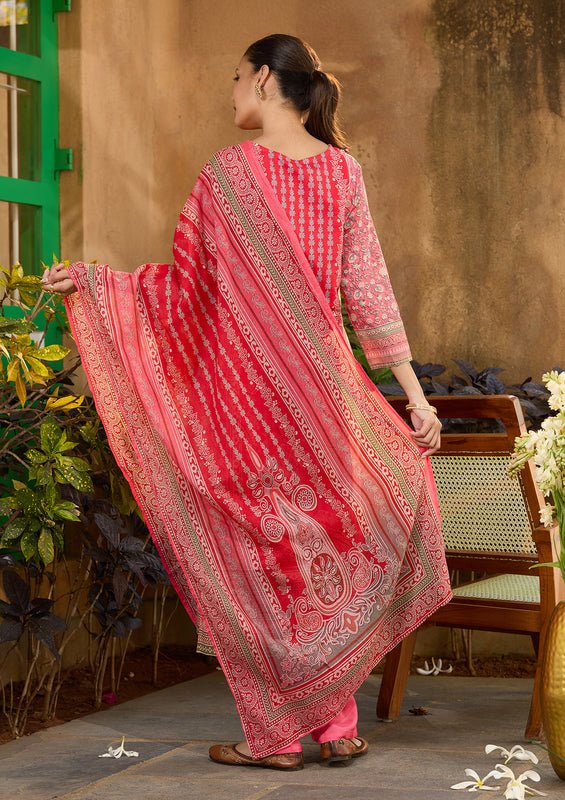 Gajari Pink Chanderi Abstract Geometric Cutdana Straight Kurta With Regular Pant And Dupatta - Image 3