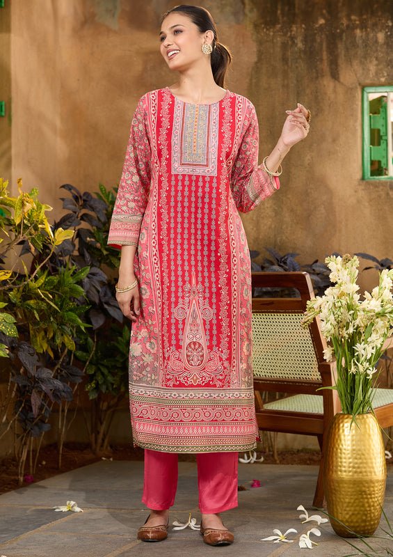 Gajari Pink Chanderi Abstract Geometric Cutdana Straight Kurta With Regular Pant And Dupatta - Image 5