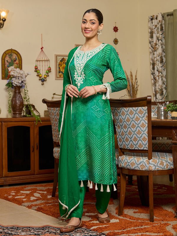 Leaf Green Crepe Bandhej Threadwork Straight Kurta With Pant Regular And Dupatta