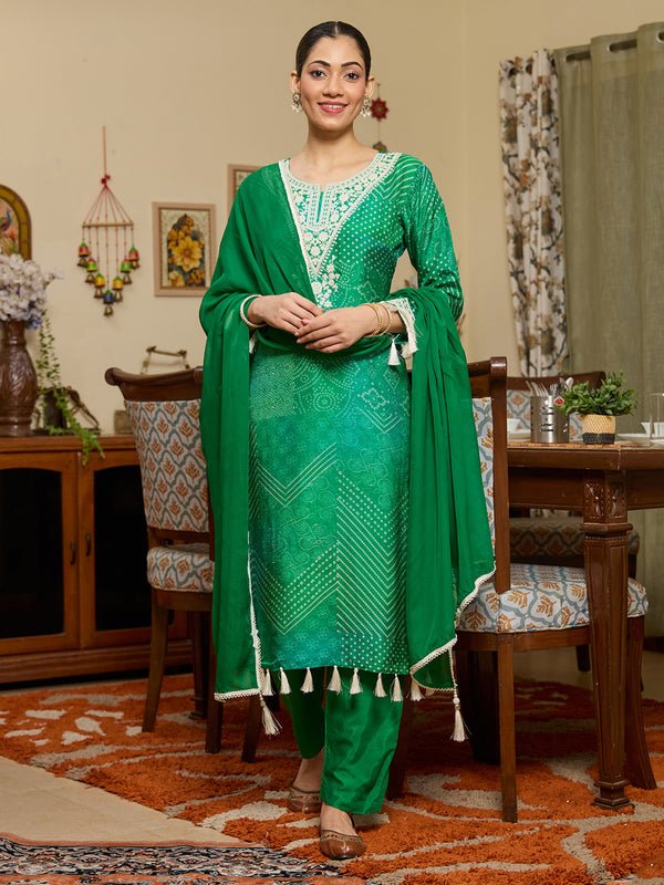 Leaf Green Crepe Bandhej Threadwork Straight Kurta With Pant Regular And Dupatta - Image 3