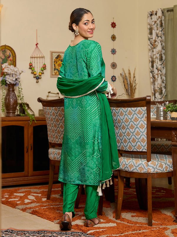 Leaf Green Crepe Bandhej Threadwork Straight Kurta With Pant Regular And Dupatta - Image 4