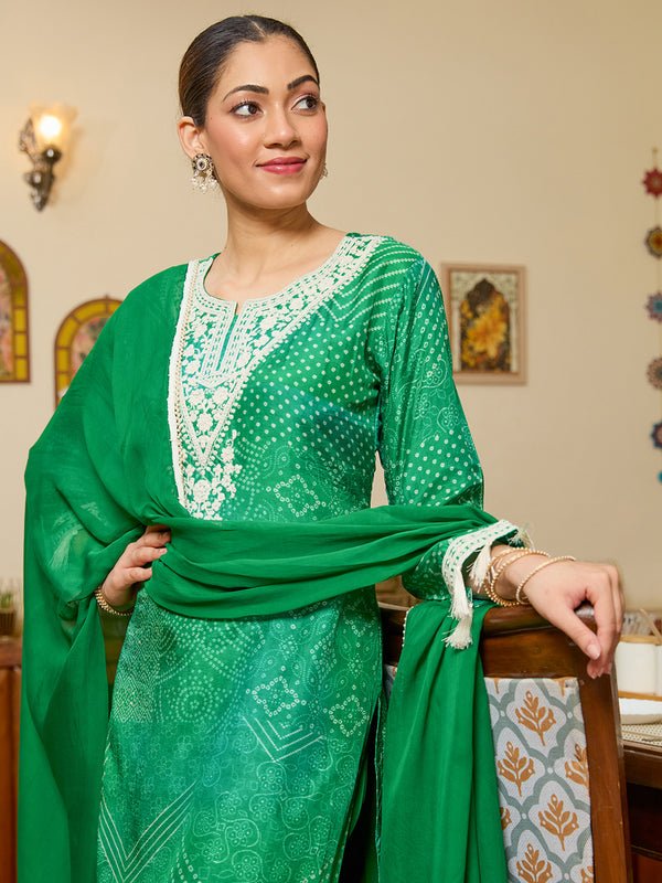 Leaf Green Crepe Bandhej Threadwork Straight Kurta With Pant Regular And Dupatta - Image 5