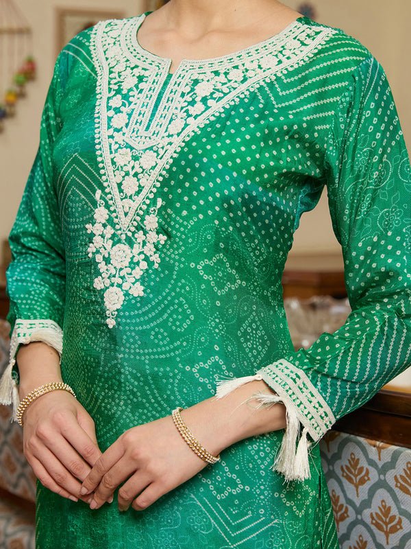 Leaf Green Crepe Bandhej Threadwork Straight Kurta With Pant Regular And Dupatta - Image 6