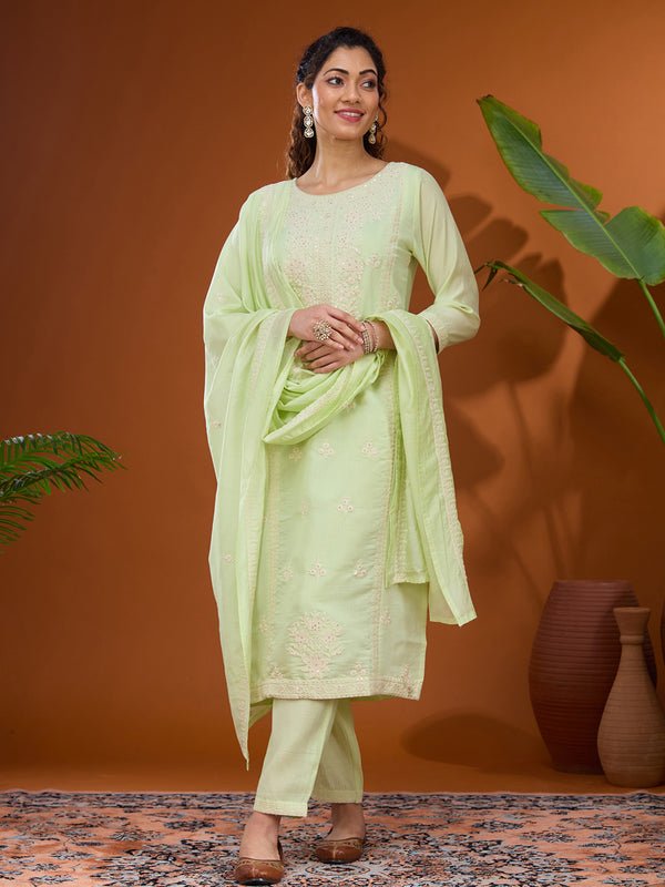 Pista Green Chanderi Threadwork Straight Kurta With Pant Regular And Dupatta