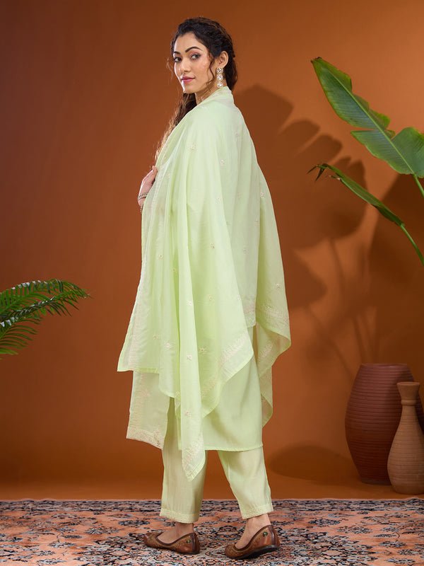 Pista Green Chanderi Threadwork Straight Kurta With Pant Regular And Dupatta - Image 2