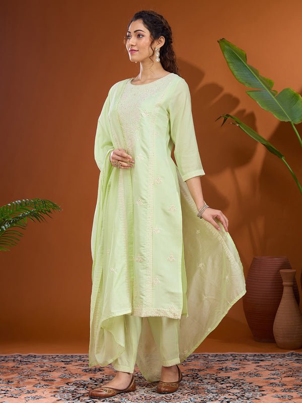 Pista Green Chanderi Threadwork Straight Kurta With Pant Regular And Dupatta - Image 3