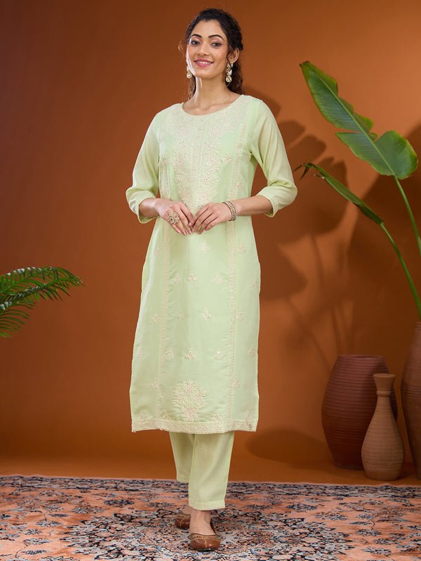 Pista Green Chanderi Threadwork Straight Kurta With Pant Regular And Dupatta - Image 4