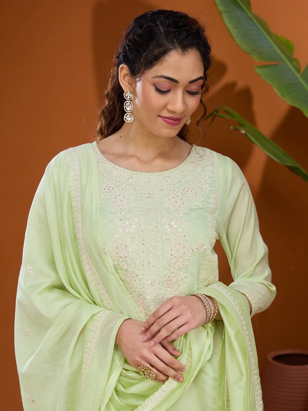 Pista Green Chanderi Threadwork Straight Kurta With Pant Regular And Dupatta - Image 5