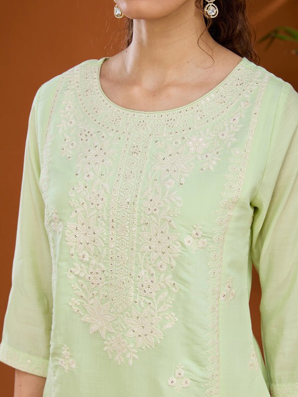 Pista Green Chanderi Threadwork Straight Kurta With Pant Regular And Dupatta - Image 6