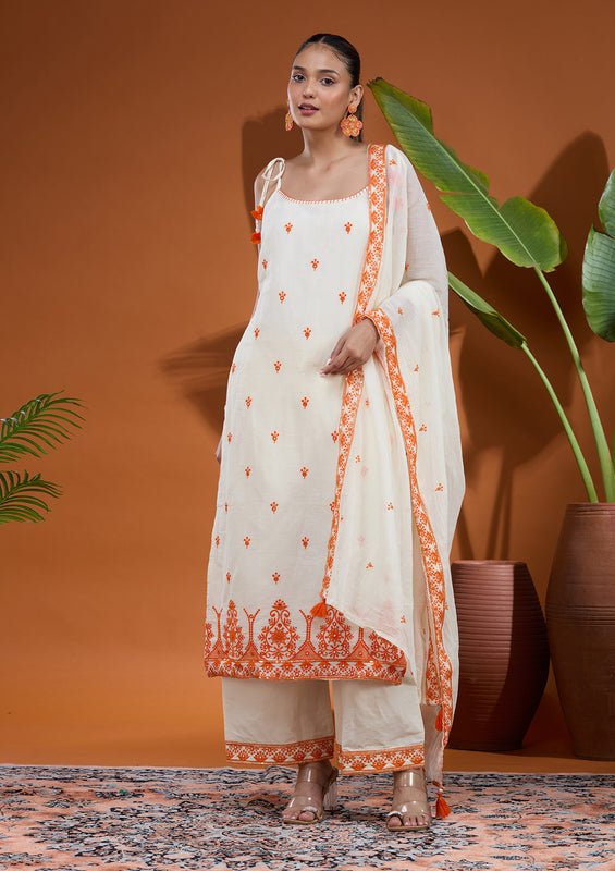 Off White Rust Chanderi Threadwork Straight Kurta With Pant Regular And Dupatta