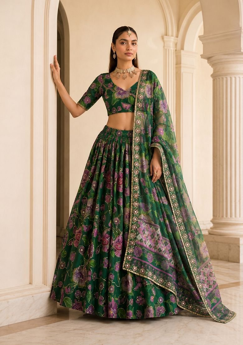Green Sequin Silk Blend Lehenga Set