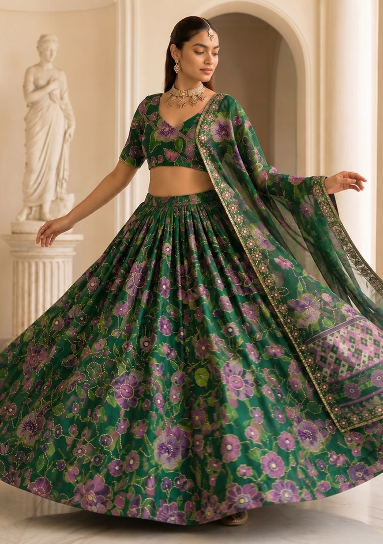 Green Sequin Silk Blend Lehenga Set - Image 2