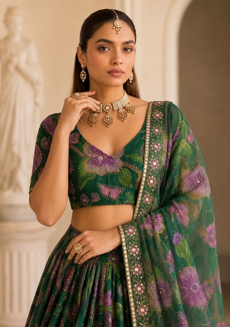 Green Sequin Silk Blend Lehenga Set - Image 4
