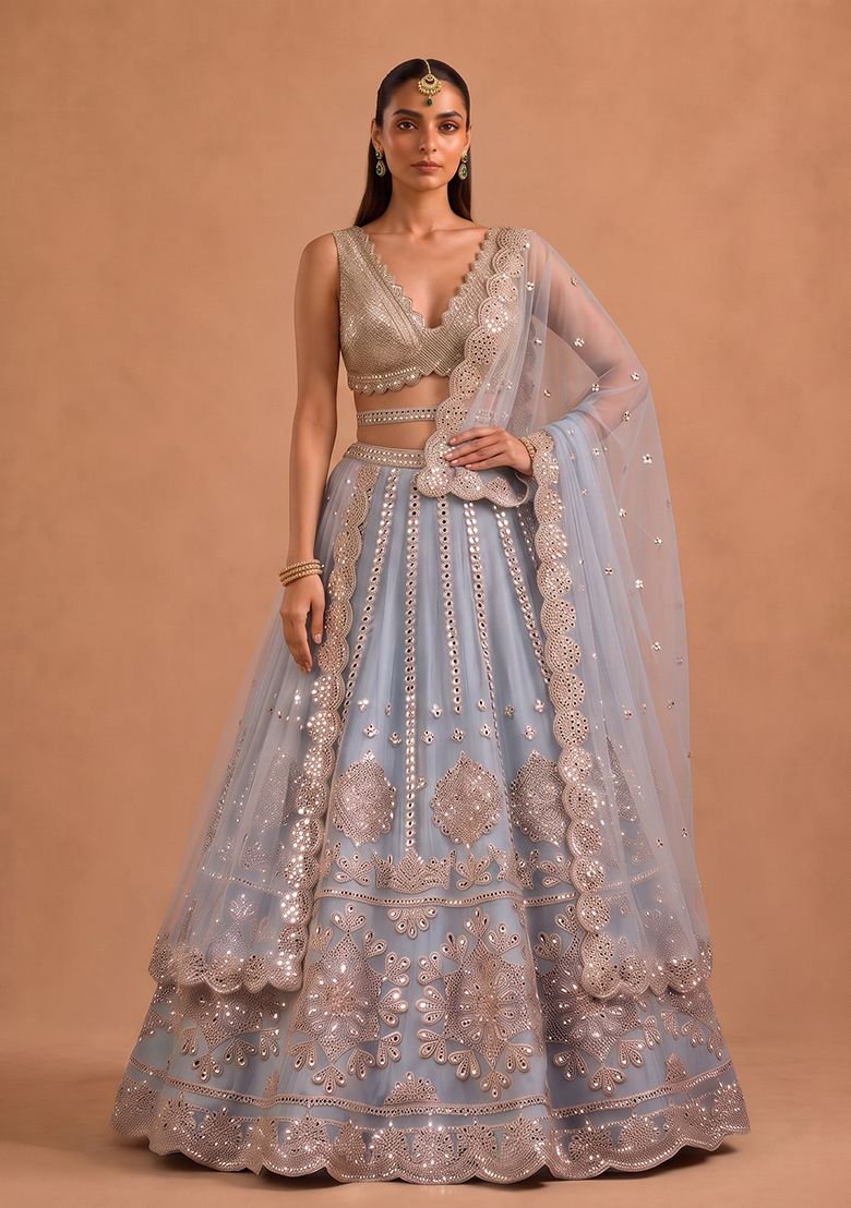 Sky Blue Zari Work Net Lehenga Set