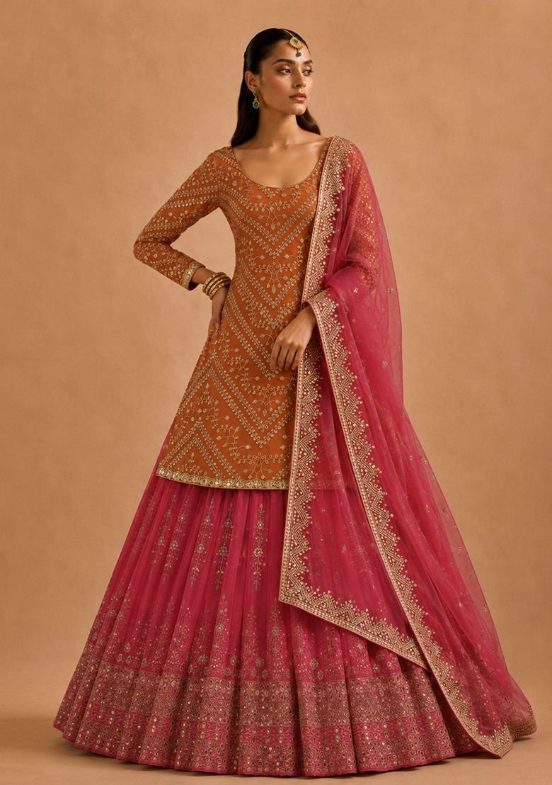 Orange Embroidery Georgette Lehenga Set With Dupatta
