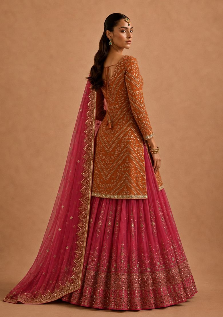 Orange Embroidery Georgette Lehenga Set With Dupatta - Image 2