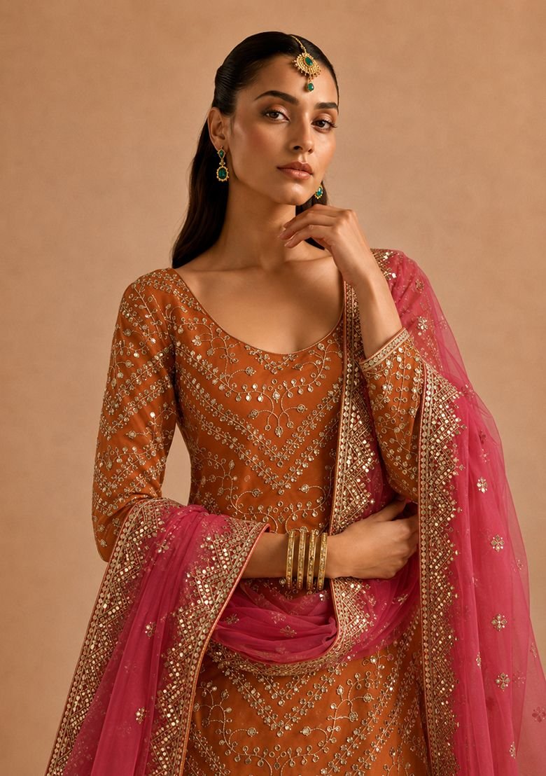 Orange Embroidery Georgette Lehenga Set With Dupatta - Image 3