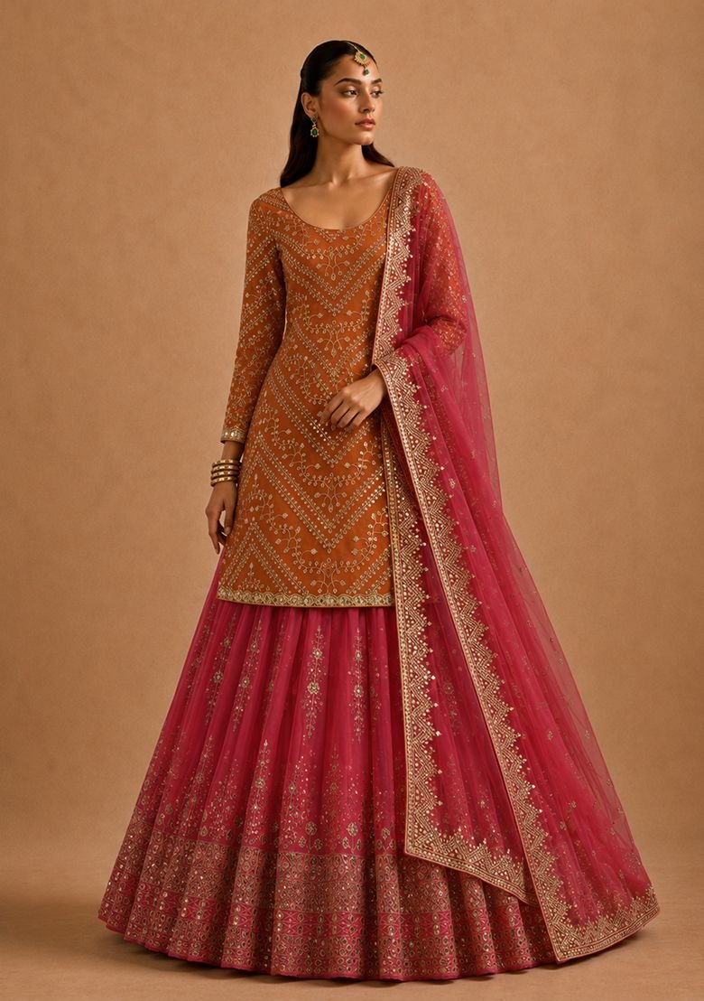 Orange Embroidery Georgette Lehenga Set With Dupatta - Image 4